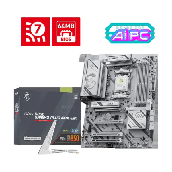 MSI MAG B850 GAMING PLUS MAX WIFI AM5 ATX Motherboard, DDR5, PCIe 5.0, M.2 Gen5, Wi-Fi 7, 5G LAN