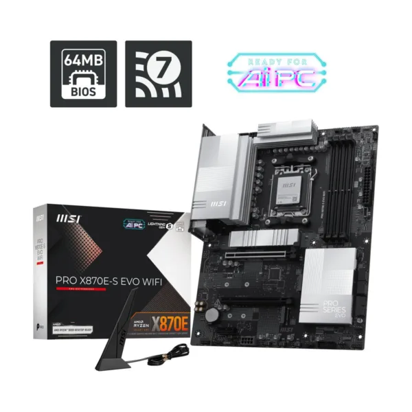 13-144-750-05.jpg MSI PRO X870E-S EVO WIFI ATX AM5 Motherboard, USB 4.0, 4x SATA 6Gb/s, AMD Wi-Fi 7, USB 4.0
