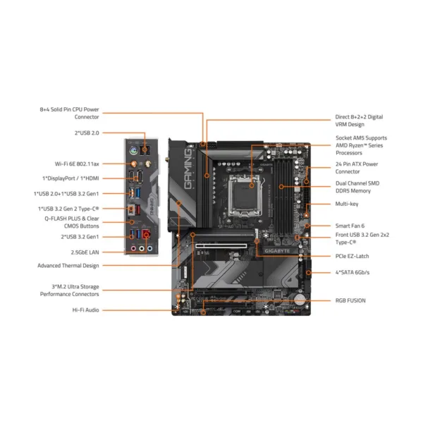 GIGABYTE B650 GAMING X AX V2 AM5 ATX Motherboard, DDR5, 3x M.2, PCIe 5.0, Wi-Fi 6E, 2.5GbE