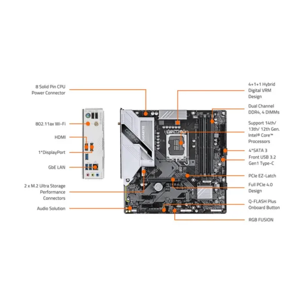 GIGABYTE B760M GAMING PLUS WIFI DDR4 LGA 1700 Micro-ATX Motherboard, DDR4, 2x M.2, Wi-Fi 6