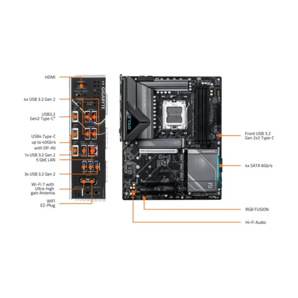 GIGABYTE X870E EAGLE X3D WIFI7 AM5 ATX Motherboard, DDR5, 4x M.2, PCIe 5.0, USB4, 5GbE
