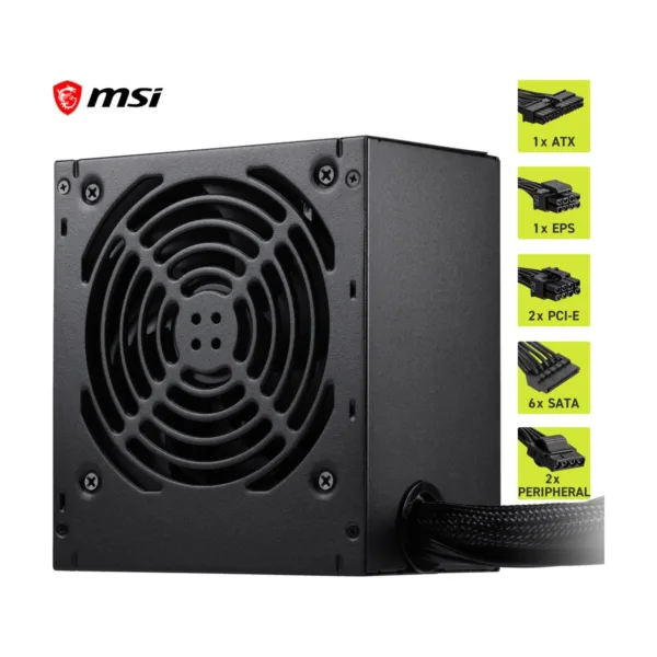 MSI MAG A600DN II Power Supply Unit, 600W, 80 PLUS Standard, ATX PSU, Black Flat Cables