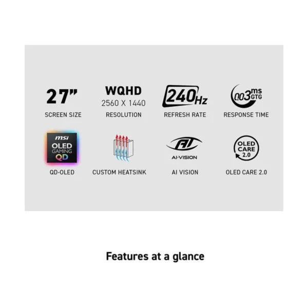 MSI MAG 272QP QD-OLED X24 27" QHD 240Hz OLED Gaming Monitor, 0.03ms