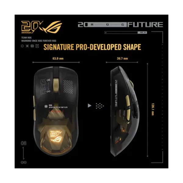 ASUS ROG 20th Edition Harpe II Extreme Wireless Gaming Mouse, 82g, 65K DPI, Gold/Black