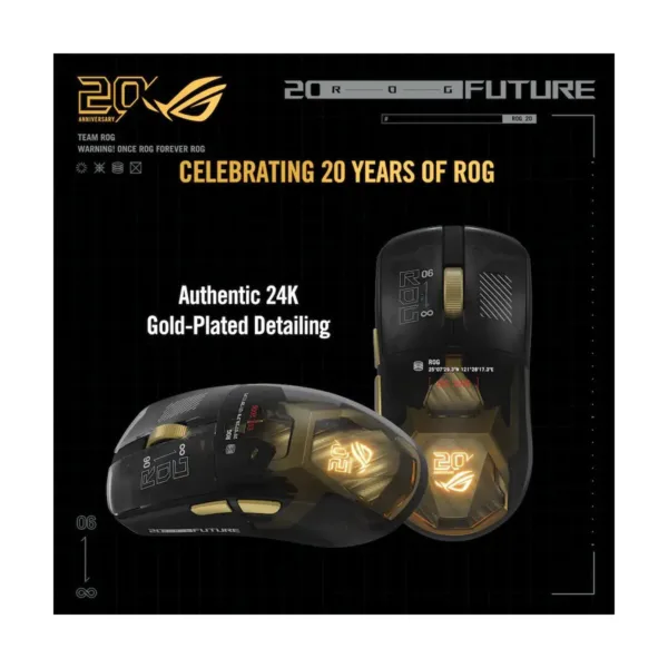 ASUS ROG 20th Edition Harpe II Extreme Wireless Gaming Mouse, 82g, 65K DPI, Gold/Black