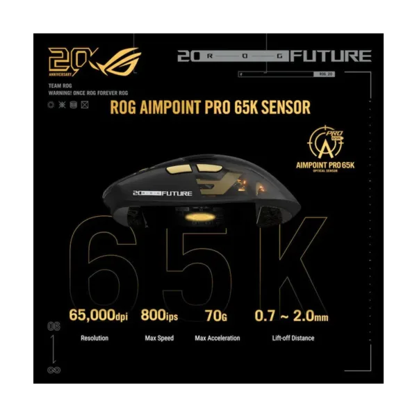 ASUS ROG 20th Edition Harpe II Extreme Wireless Gaming Mouse, 82g, 65K DPI, Gold/Black
