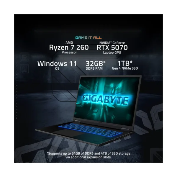 GIGABYTE GAMING A18 Gaming Laptop, 165Hz WQXGA, Ryzen 7 260, RTX 5070, 32GB DDR5, 1TB SSD