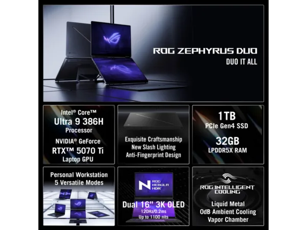 ASUS ROG Zephyrus Duo 16" Gaming Laptop, Core Ultra 9 386H, RTX 5070 Ti, 32GB, 1TB SSD