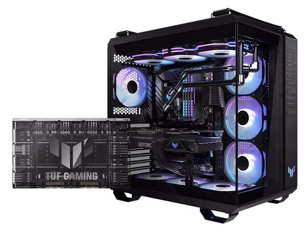 TUF Gaming ARGB PWM Fan Hub in front of a TUF Gaming PC build