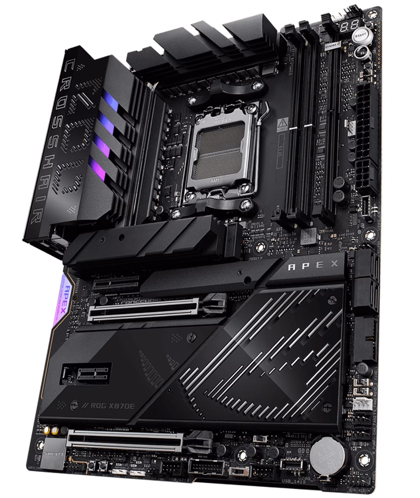 The ROG Crosshair X870E Apex left sided angle
