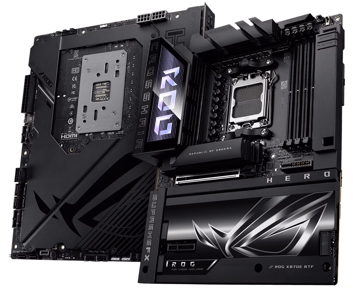 The ROG Crosshair X870E Hero left sided angle