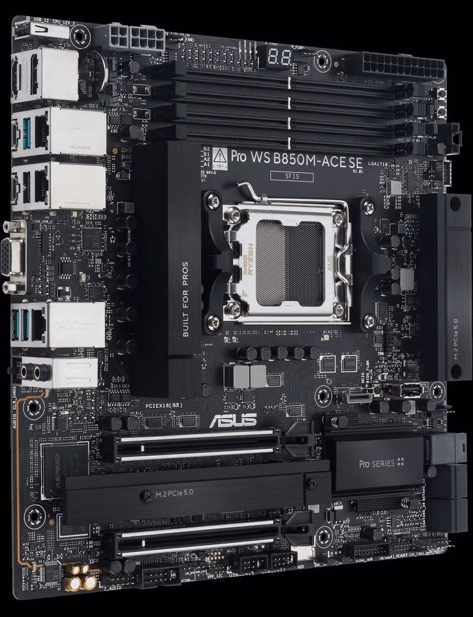 A high-angle shot of Pro WS B850M-ACE SE motherboard; 25 degrees tilted towards right.