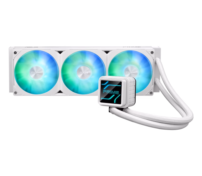 Prime LC ARGB White Edition all-in-one CPU liquid cooler with vast CPU contact area and finned channels, water block with infinity mirror lens options, integrated ARGB fans and Aur