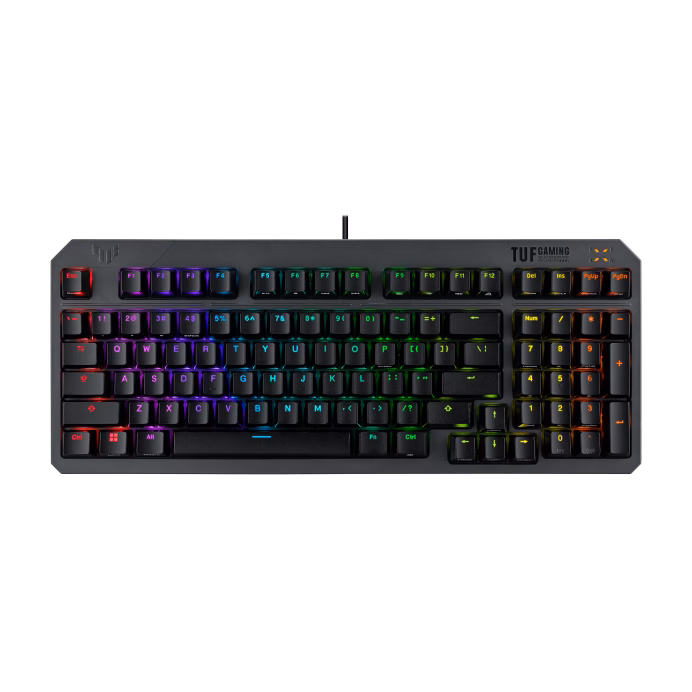 ASUS TUF Gaming K3 Gen II keyboard with compact 97-key layout, optical-mechanical RGB switches, silicone-gasket mount, dampening foam, IP57 waterproofing, a detachable top plate, a