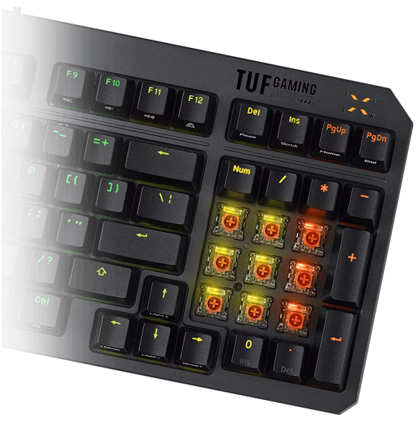 Focus on the switches of TUF Gaming K3 Gen II Keyboard numpad, without keycaps.