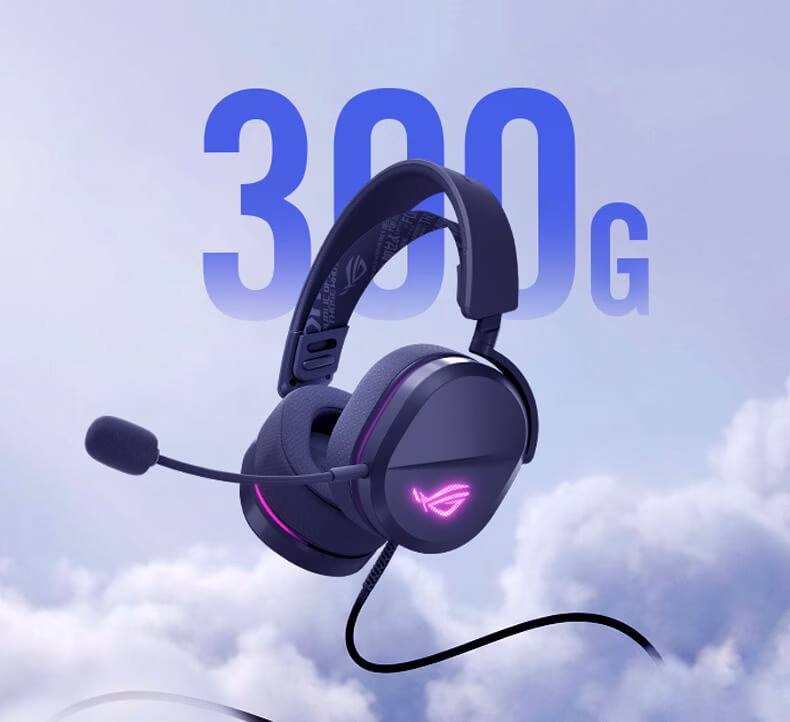 ASUS ROG Pelta Core gaming headset weighing 300g with RGB lighting against a cloud background.