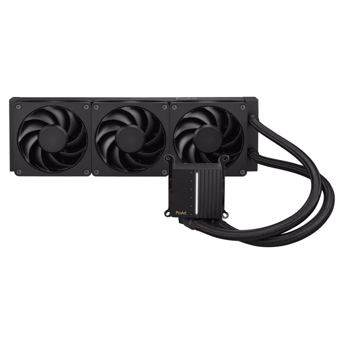 ProArt LC 360 all-in-one CPU liquid cooler with illuminated system status meter and three matte black Alphacool Apex Stealth Metal Power fans