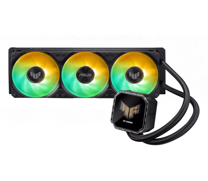 TUF Gaming LC III 360 ARGB LCD all-in-one liquid CPU cooler with pre-installed & integrated triple fans designed for high airflow and static pressure; 2.8" LCD for hardware monitor